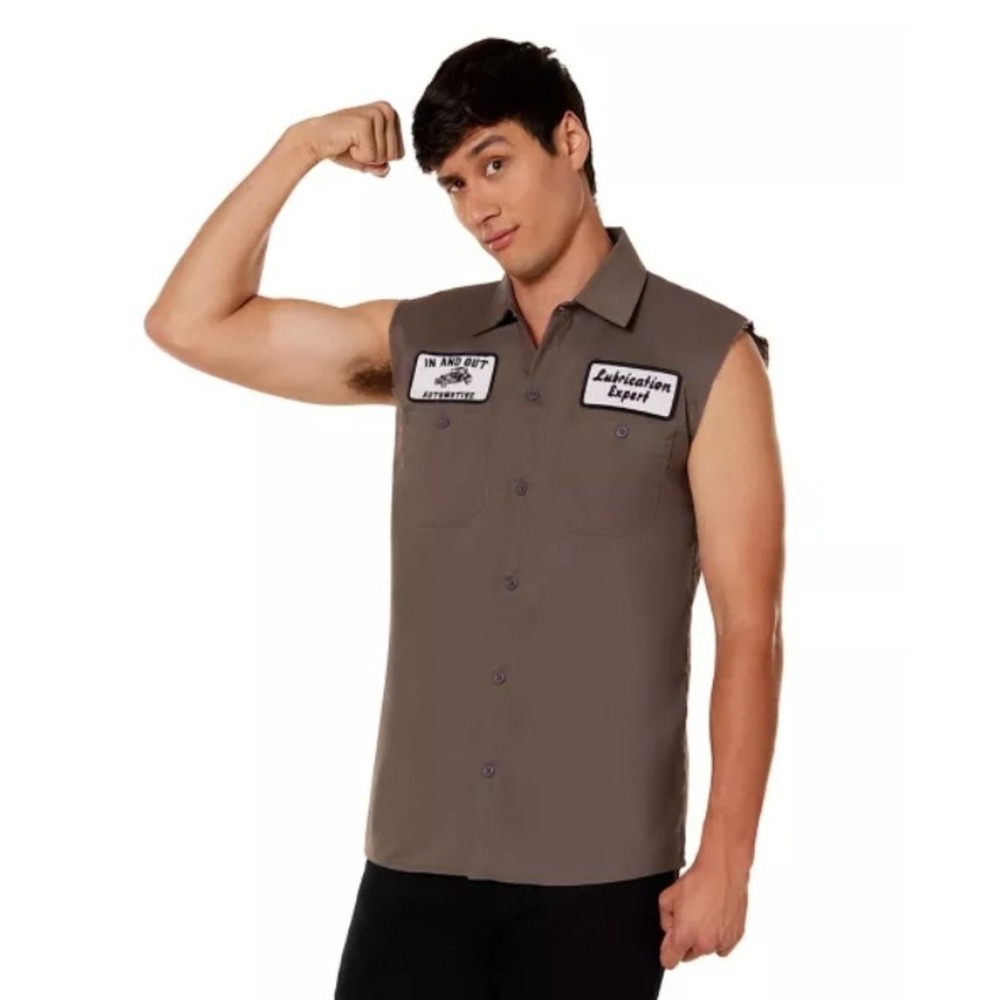 Spirit In And Out Automotive Work Shirt Mens S Gray Sleeveless Patch Holloween